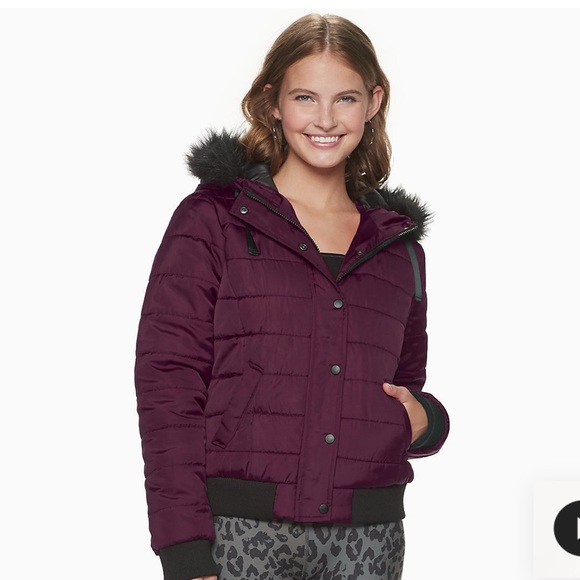 New J2 by JOU JOU Hooded Puffer Jacket in Burgundy - Picture 1 of 11